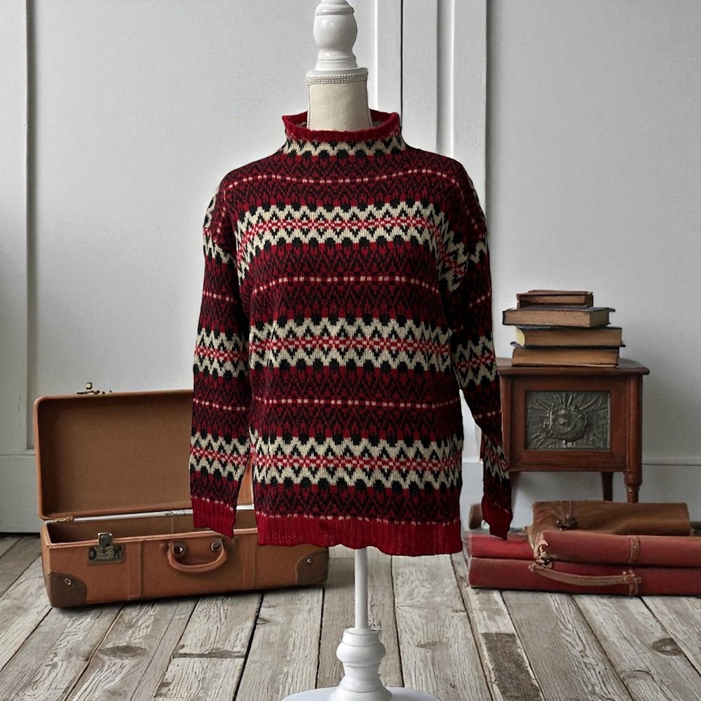 Chaps Wool Blend Fair Isle Mock Neck Sweater Red Cream Black Knit M